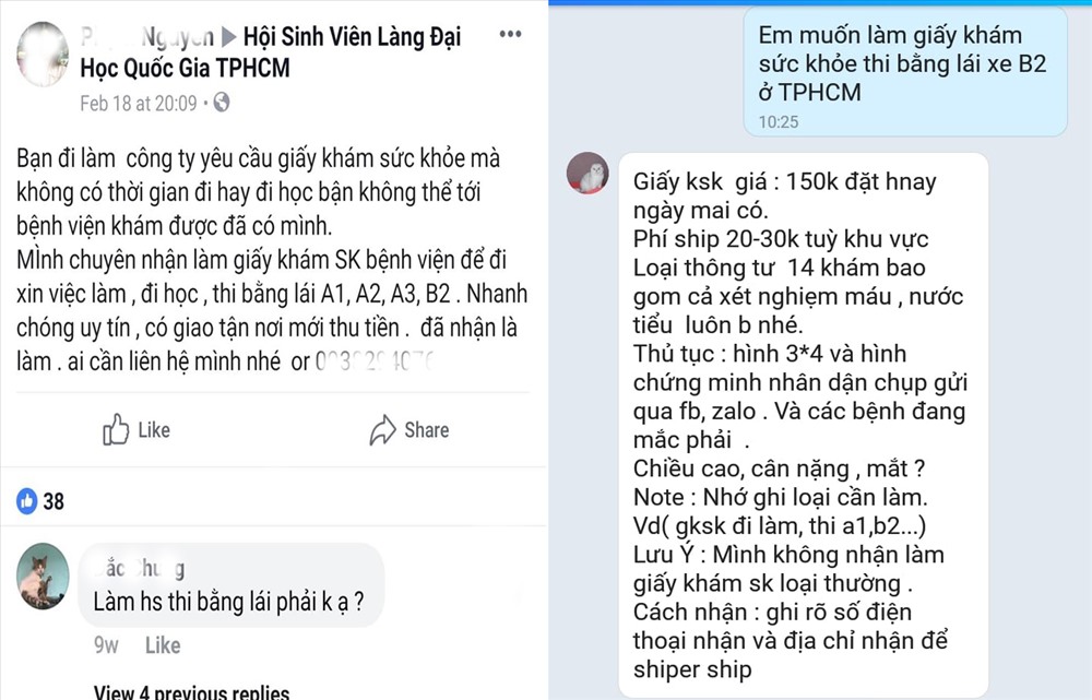 Thông tin rao bán giấy khám sức khỏe được rao bán trên các trang mạng xã hội.   