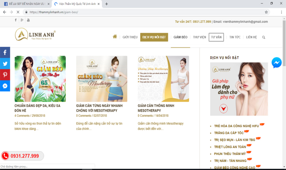 Trang web https://thammylinhanh.vn/ quảng cáo dịch vụ thẩm mỹ xâm lấn.