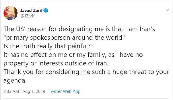 Ông Zarif đăng tải trên Twitter ngay sau khi có thông tin Mỹ áp đặt trừng phạt đối với ông. Ảnh: Twitter    