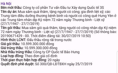  Thông tin về gói thầu ở Hà Nội do Công ty Bảo Hưng trúng thầu bằng giá mời thầu.