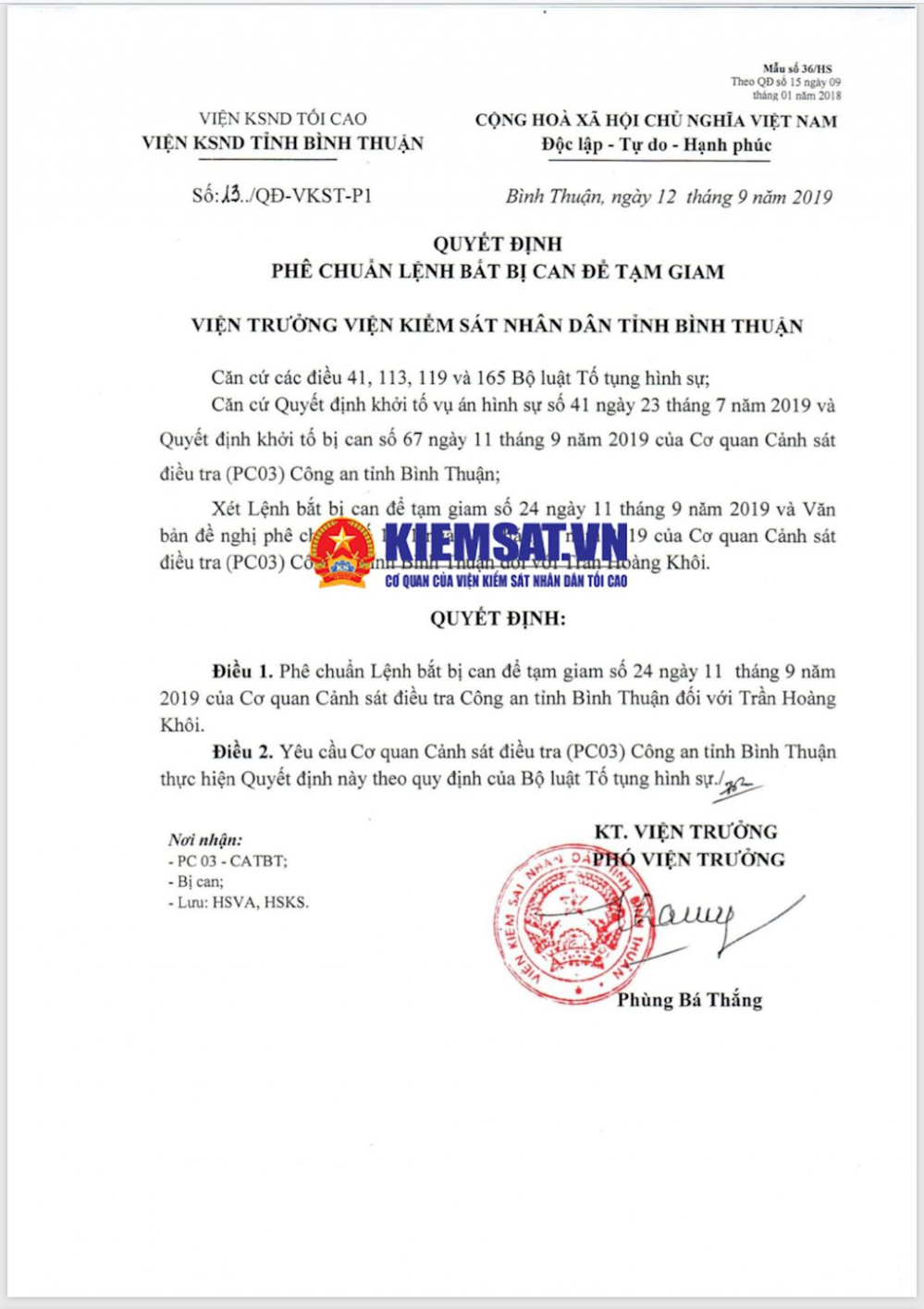 Quyết định phê chuẩn lệnh bắt Phó Chủ tịch UBND TP. Phan Thiết Trần Hoàng Khôi