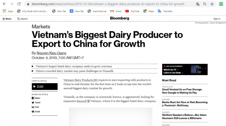 Bloomberg đã đưa tin tức với tiêu đề “Công ty sữa lớn nhất Việt Nam hướng tới việc xuất khẩu sang Trung Quốc để tăng trưởng”.    