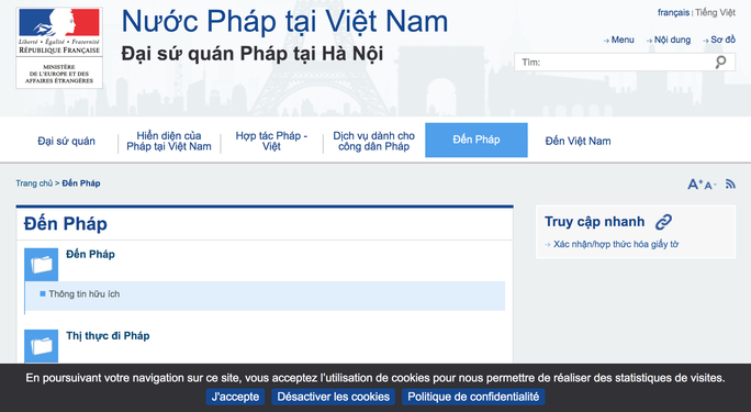 Thông tin về cấp thị thực được đăng tải rõ ràng trên website của Đại sứ quán Pháp tại Việt Nam - Ảnh chụp màn hình
