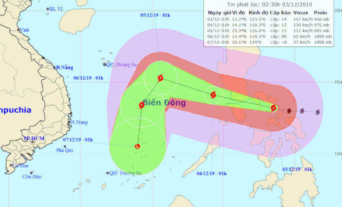 Dự báo vị trí và hướng di chuyển của bão Kammuri - Nguồn: Trung tâm Dự báo khí tượng thủy văn quốc gia