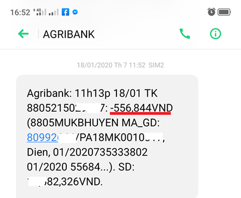Tin nhắn trừ tiền lần 1 do Agribank gửi ngày 18/1.