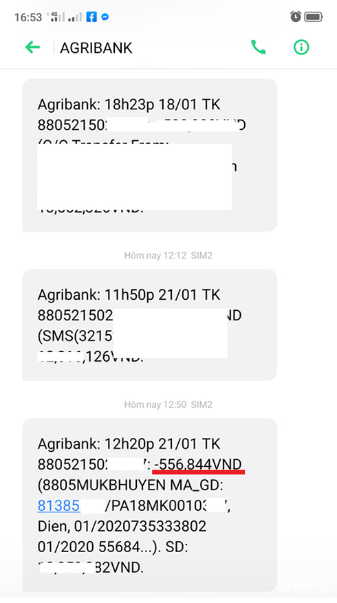 Tin nhắn trừ tiền lần hai (gạch chân màu đỏ) do Agribank gửi ngày 21/1.
