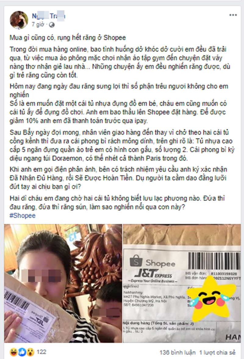 Chị T., lên mạng chia sẻ câu chuyện hài hước của mình khi lên Shopee đặt mua tủ nhựa nhận được… phong bì rách?
