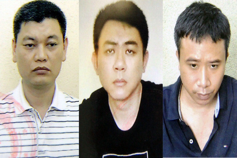 Từ trái qua 3 bị can vừa bị khởi tố gồm: Nguyễn Anh Ngọc, Nguyễn Hoàng Trung và Phạm Quang Dũng