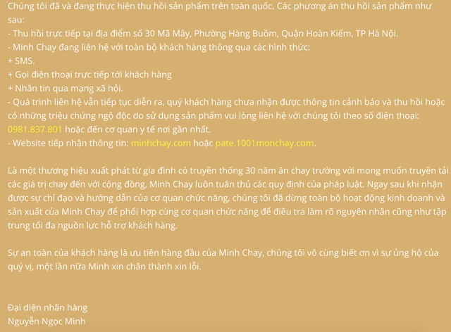 Nội dung thông cáo của Minh Chay trên pate.1001monchay.com, website này hiện dừng kinh doanh