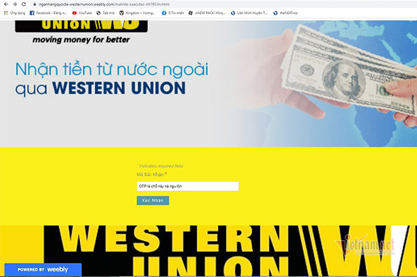 Giao diện của một website giả mạo dịch vụ chuyển tiền Western Union. Những trang web này thường có tên miền và giao diện na ná hàng thật. 
