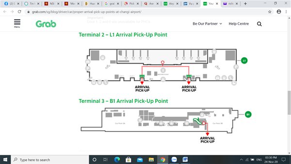 Cả sân bay Changi và Grab đều có hướng dẫn rõ ràng về điểm đón khách ở sân bay Changi. Ảnh chụp màn hình.  