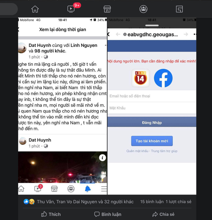 Tội phạm mạng đăng status kèm link nêu những trường hợp nạn nhân, người gặp sự cố nào đó để lừa người dùng. (Ảnh chụp từ màn hình Facebook)    