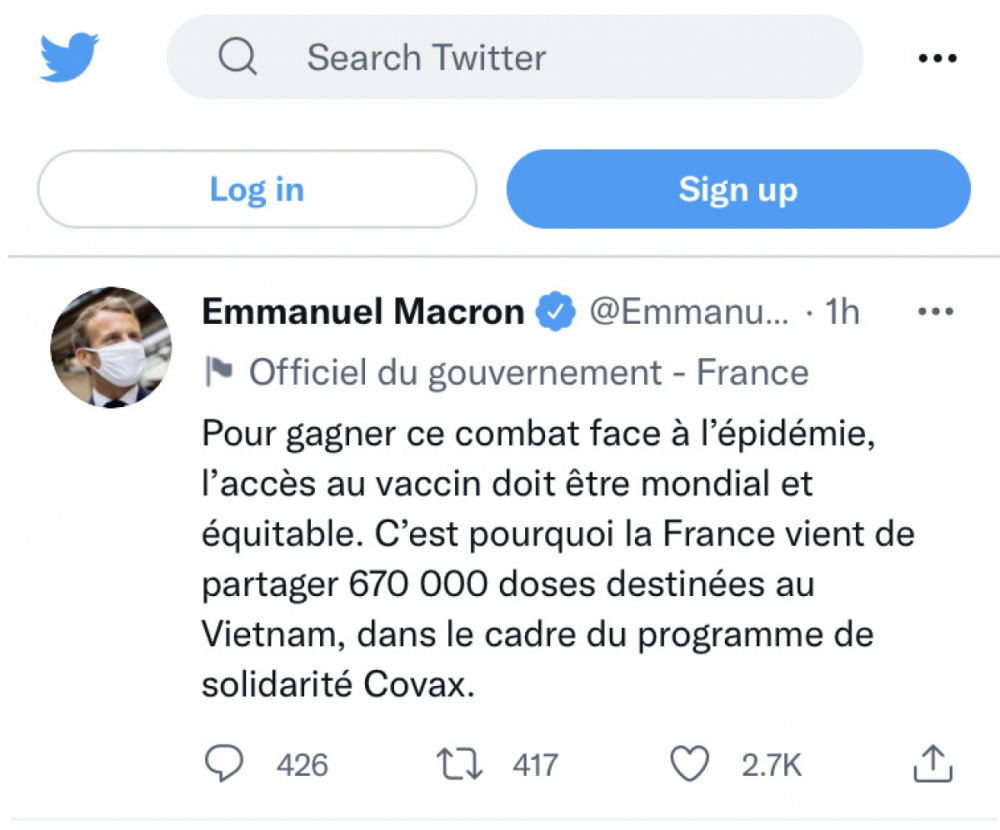 Tổng thống Pháp Macron thông báo chia sẻ 670.000 liều vaccine Covid-19 cho Việt Nam. 