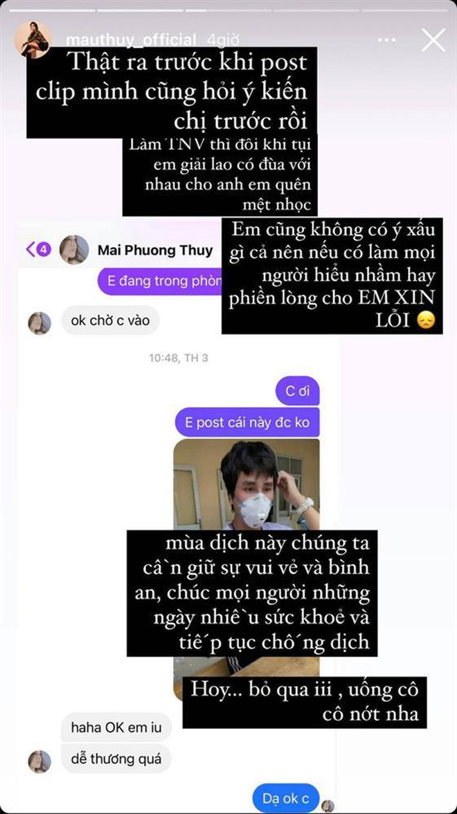 Mâu Thủy chia sẻ tin nhắn đã xin phép Hoa hậu Mai Phương Thúy trước khi đăng tải clip.