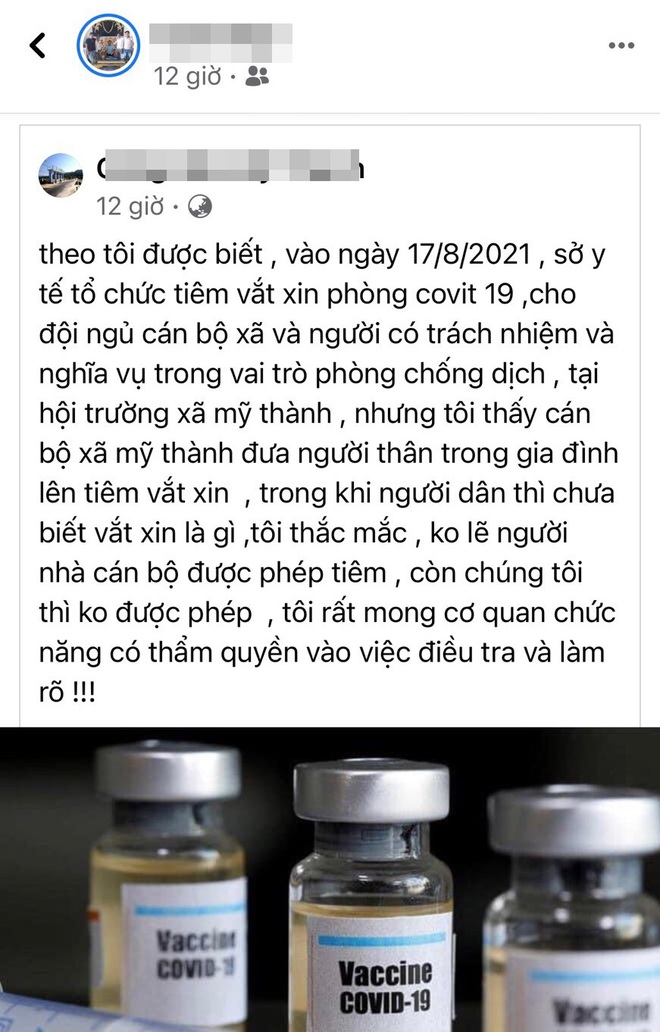 Người dân phản ánh UBND xã Mỹ Thành (huyện Phù Mỹ, Bình Định) ưu tiên tiêm vắc xin cho người thân.