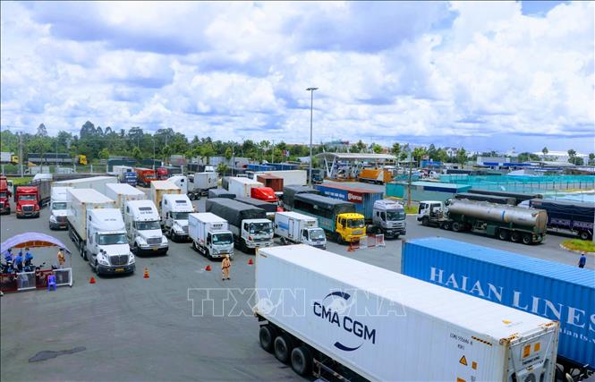 Rất đông xe tải, xe container chở hàng hóa xếp hàng chờ kiểm tra giấy tờ tại Bến xe Trung tâm TP Cần Thơ, ngày 24/8/2021. Ảnh: Thanh Liêm/TTXVN