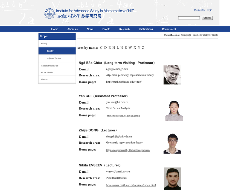  Hình ảnh GS Ngô Bảo Châu trên website của Viện Toán thuộc Học viện Cáp Nhĩ Tân - Trung Quốc (Ảnh: Chụp màn hình).