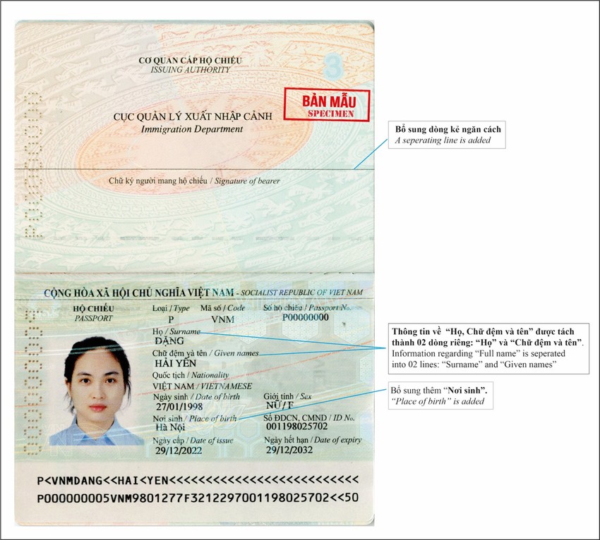 Mẫu hộ chiếu 2023 đã bổ sung thông tin nơi sinh và điều chỉnh cách ghi họ, tên. Ảnh: Bộ Công an