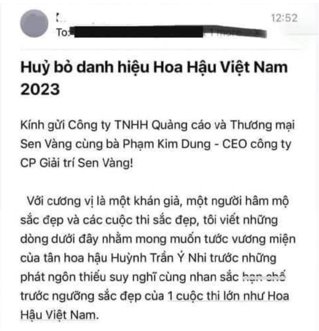 Email từ một khán giả gửi về công ty Sen Vàng đề nghị tước bỏ danh hiệu của tân Miss World Vietnam 2023. Ảnh: chụp màn hình