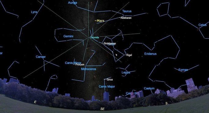 Bản đồ các chòm sao với điểm mà mưa sao băng Orionids phát ra được đánh dấu - Ảnh: EARTHSKY