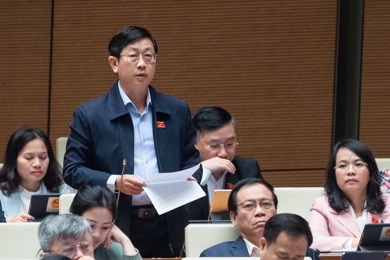 Đại biểu Nguyễn Hữu Thông, Đoàn ĐBQH tỉnh Bình Thuận phát biểu ý kiến tại phiên thảo luận.