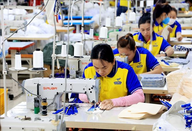 Công nhân dệt may tại Công ty CP May mặc Dony, huyện Bình Chánh, Thành phố Hồ Chí Minh. Ảnh: Hồng Đạt/TTXVN