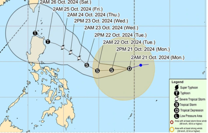 Áp thấp nhiệt đới Kristine được dự báo có thể mạnh lên thành bão. Ảnh: PAGASA    