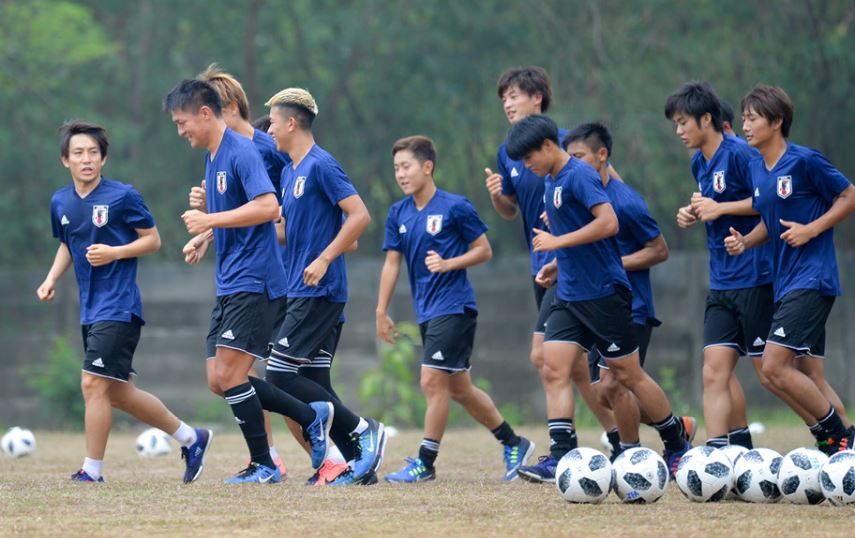 Các cầu thủ Olympic Nhật Bản đang tập luyện để chuẩn bị cho trận đấu gặp Olymipic Việt Nam vào ngày 19/8