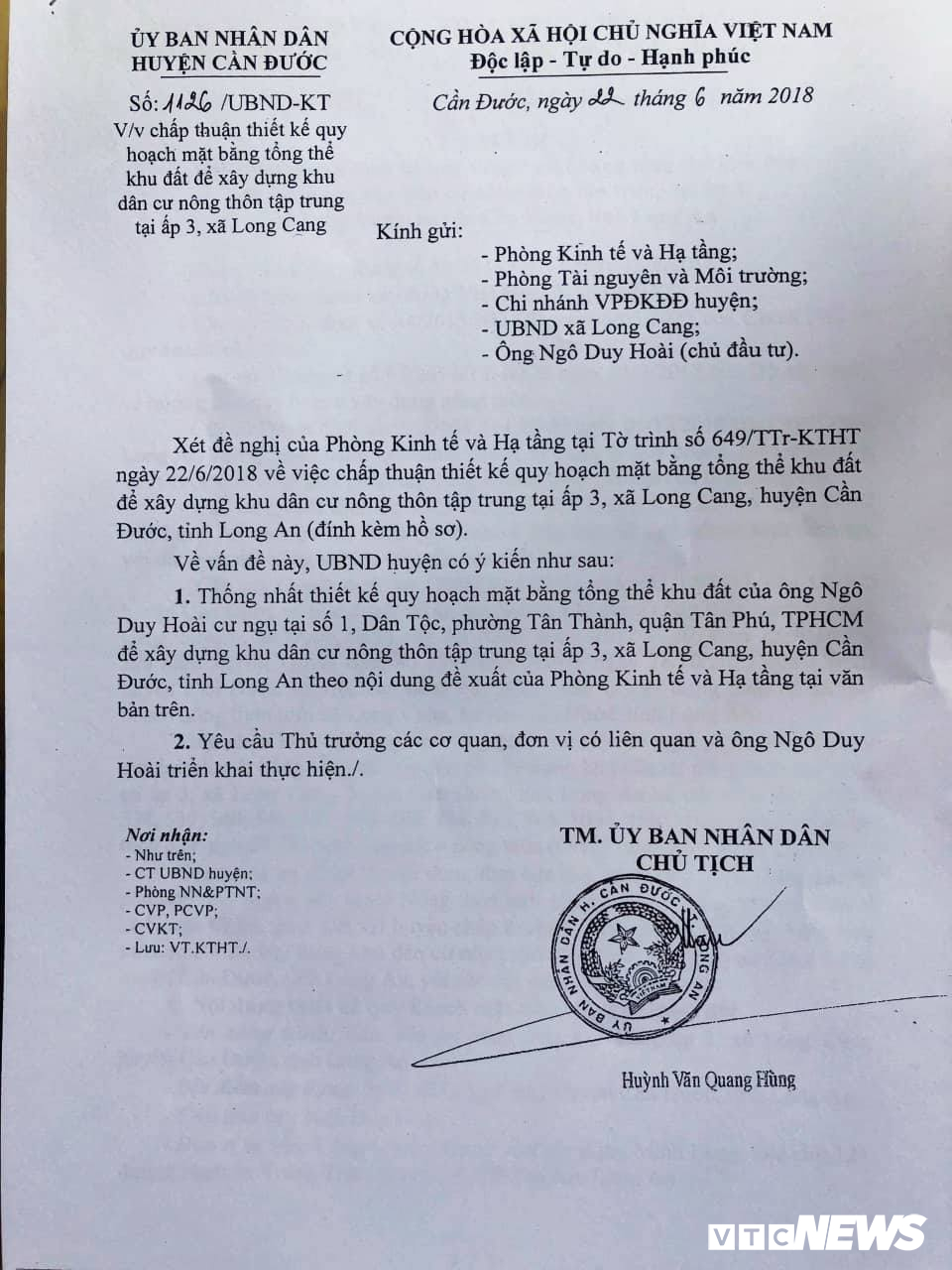 Văn bản phê duyệt mặt bằng tổng thể được UBND huyện Cần Đước cấp cho dự án khu dân cư nông thôn tập trung ấp 3, xã Long Cang (tên thương mại là Long Cang Riverside).