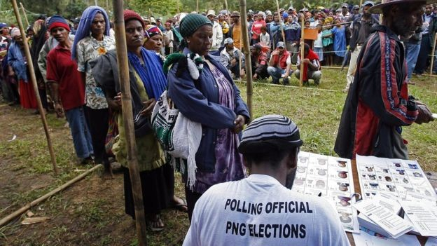 Bộ lạc Imbong’gu xếp hàng để bỏ phiếu tại Kaupena, miền Nam của Papua New Guinea (Ảnh: TORSTEN BLACKWOOD)