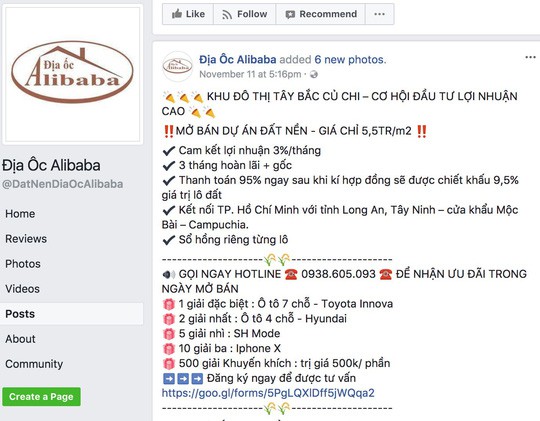 Một mẩu quảng cáo rao bán đất nền trên facebook của Công ty địa ốc Alibaba