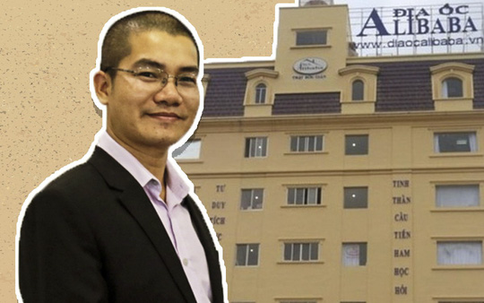 CEO Nguyễn Thái Luyện và trụ sở công ty Địa ốc Alibaba tại quận Thủ Đức, TP HCM- Đồ hoạ: Tấn Nguyên