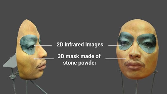 Mặt nạ phiên bản thứ hai với phần khuôn mặt, mũi, miệng được in 3D từ bột đá và phần mắt được in từ ảnh chụp hồng ngoại 2D. Ảnh: Bkav