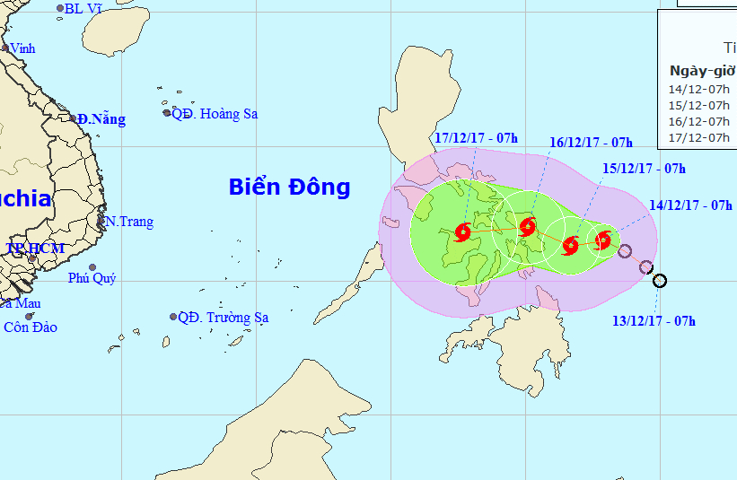 Dự báo vị trí và hướng di chuyển của bão Kai-tak - Nguồn: Trung tâm Dự báo khí tượng thủy văn Trung ương
