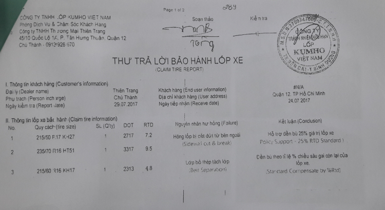 Thư trả lời bảo hành lốp xe của Công ty TNHH Lốp Kumho Việt Nam (Ảnh: PV)