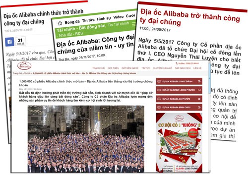 Địa ốc Alibaba đăng tải thông tin về việc chào bán 1 triệu cổ phiếu và các bài viết nói về việc trở thành công ty đại chúng. (Ảnh chụp từ màn hình)