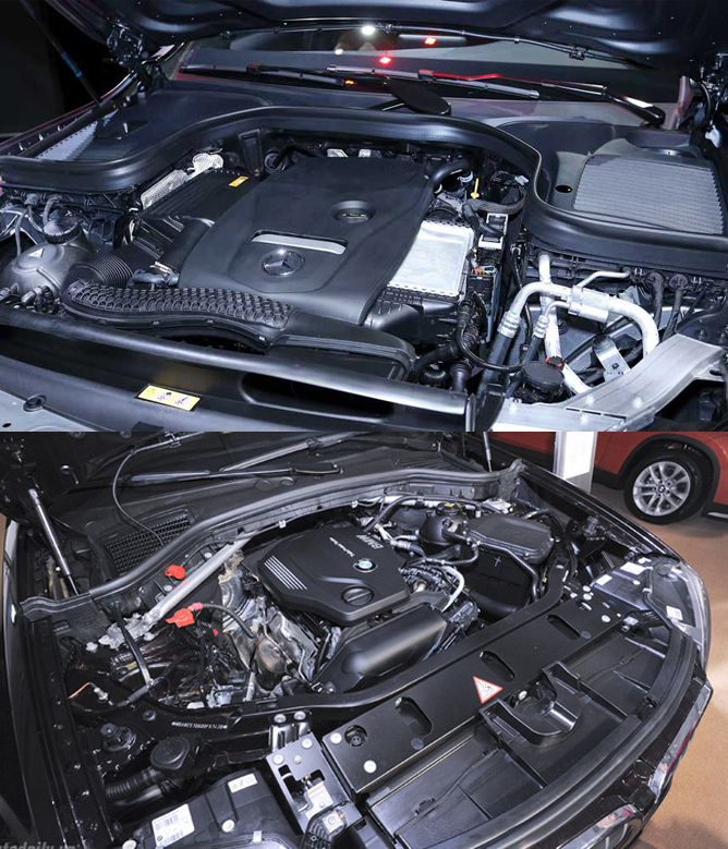 Động cơ Mercedes-Benz GLC (trên) và BMW X3 (dưới).