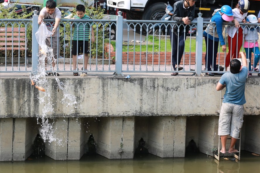 Người dân thả cá chép tiễn ông Táo tại kênh Nhiêu Lộc - Thị Nghè (Quận Tân Bình). Ảnh: Ngọc Tiến