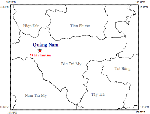 Bản đồ chán tâm trận động đất ở huyện Bắc Trà My sáng 7-3