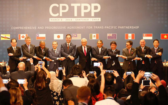 Đại diện 11 nước nắm chặt tay nhau ngay sau ký kết CPTPP tại Chile. Bộ trưởng Bộ Công Thương Việt Nam Trần Tuấn Anh ngoài cùng bên phải - Ảnh: Reuters