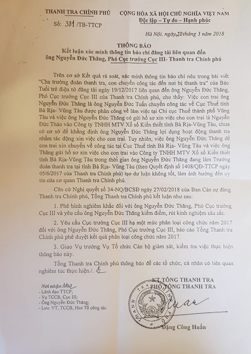 Văn bản của Thanh tra Chính phủ thông báo hình thức xử lý vụ việc ông Nguyễn Đức Thăng gửi hồ sơ xin việc cho con. Ảnh: TL.