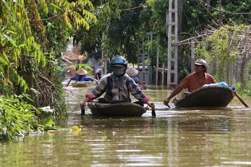 Người dân tại thôn Nhân Lý (xã Nam Phương Tiến, huyện Chương Mỹ) đang phải sống chung với lũ hơn 10 ngày qua