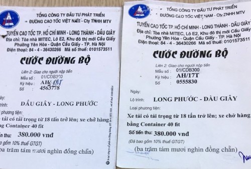 Vé cước đường bộ giả xuất hiện trên tuyến cao tốc Long Thành - Dầu Giây. Ảnh: VEC