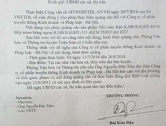 Văn bản của Phòng VH-TT huyện Triệu Sơn đã vô tình 