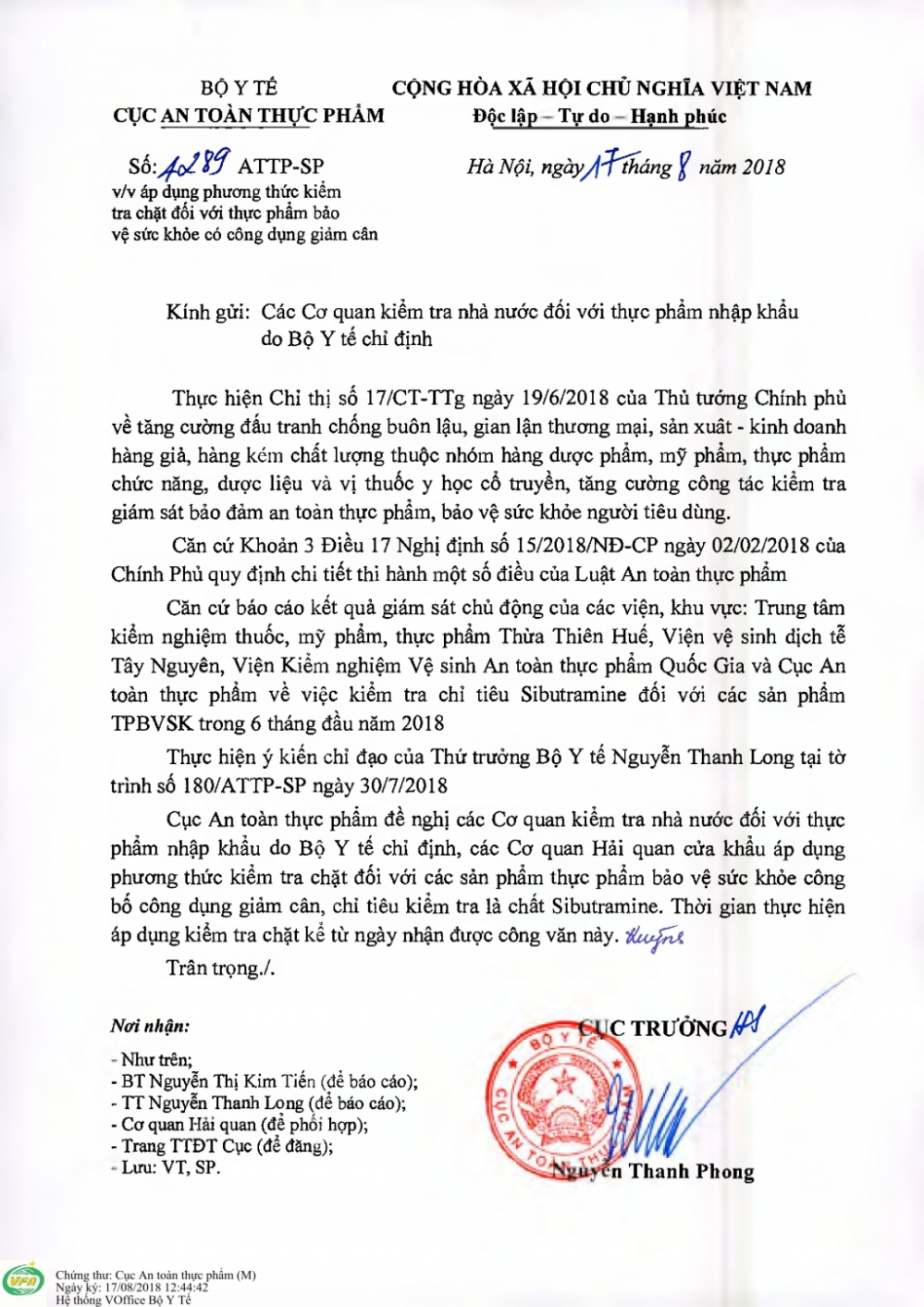 Công văn do Cục trưởng Cục ATTP Nguyễn Thanh Phong ký ngày 17-8