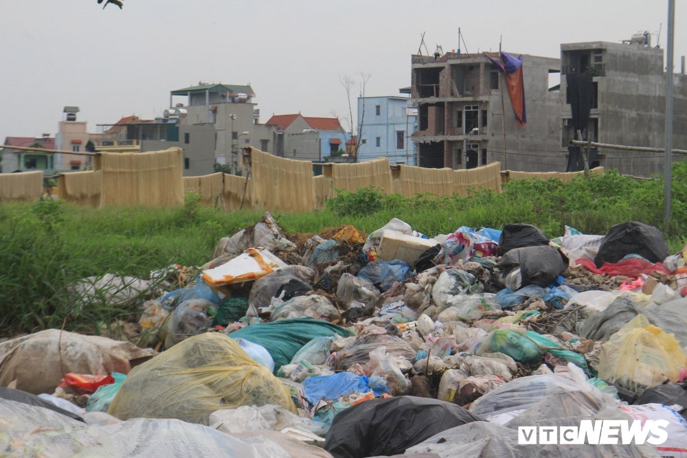     Ngay cạnh bãi rác khổng lồ bốc mùi hôi thối bu đầy ruồi nhặng là nơi phơi miến của người dân làng Cự Đà.   