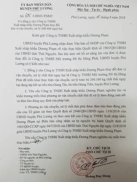 UBND huyện Phú Lương yêu cầu Công ty Dương Phạm phải xử lý theo đúng cam kết và quy định của pháp luật.