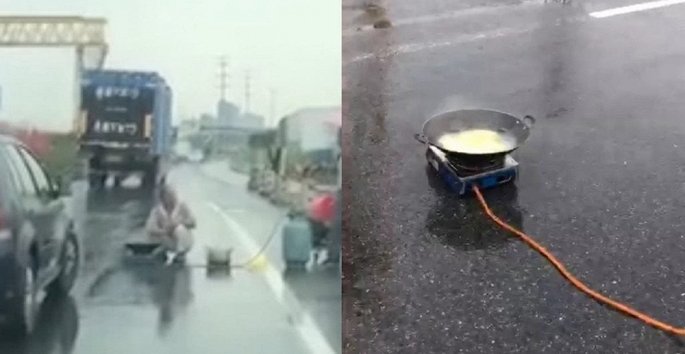      Người đàn ông nấu mỳ giữa đường. (Ảnh: Shanghaiist)  