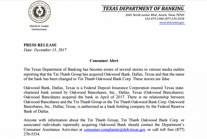     Thông tin cảnh báo từ cơ quan quản lý của Oakwood State Bank . (Ảnh: Oakwood State Bank)  