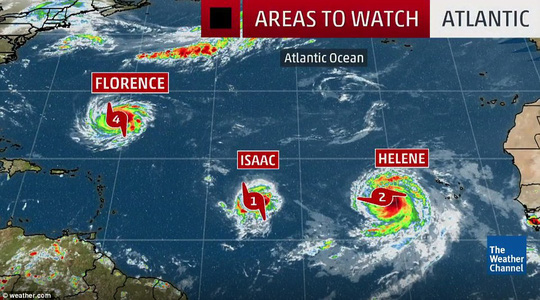 Bão Florence, Isaac, và Helene đang tiến về châu Mỹ. Theo các chuyên gia, bão Florence nhiều khả năng sẽ đổ bộ vào đất liền. Ảnh: Weather.com